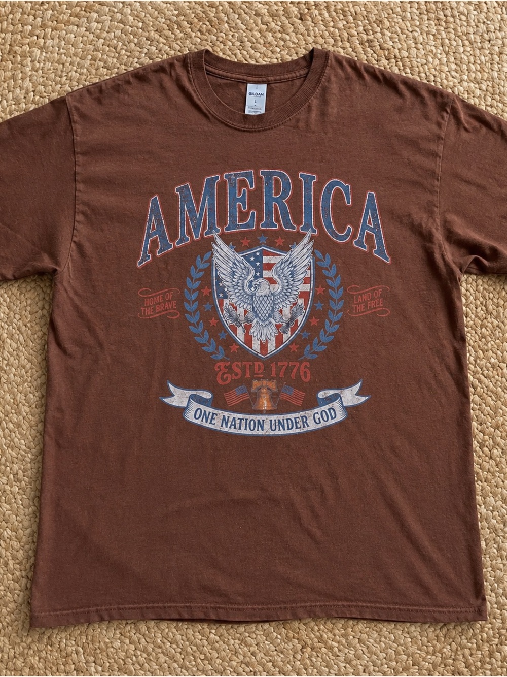 Gildan Brown Short-Sleeve 'America' Graphic Tee with Blue & Red Accents